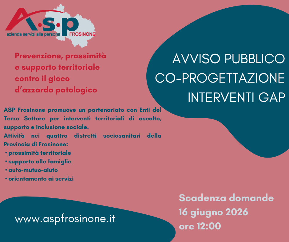 Al momento stai visualizzando AVVISO PUBBLICO PER LA CO-PROGETTAZIONE DI INTERVENTI TERRITORIALI DI PREVENZIONE E CONTRASTO AL GIOCO D’AZZARDO PATOLOGICO (GAP)